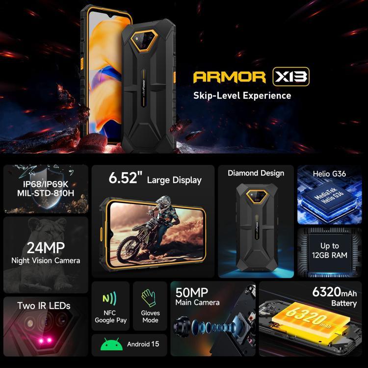 Ulefone Armor X13, téléphone robuste IP68/IP69K, écran 6,52 pouces, Android 15, processeur octa-core MediaTek Helio G36, réseau : 4G, NFC, OTG, 6 Go + 64 Go