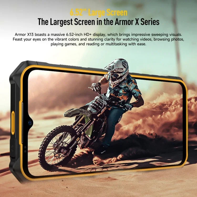 Ulefone Armor X13, téléphone robuste IP68/IP69K, écran 6,52 pouces, Android 15, processeur octa-core MediaTek Helio G36, réseau : 4G, NFC, OTG, 6 Go + 64 Go