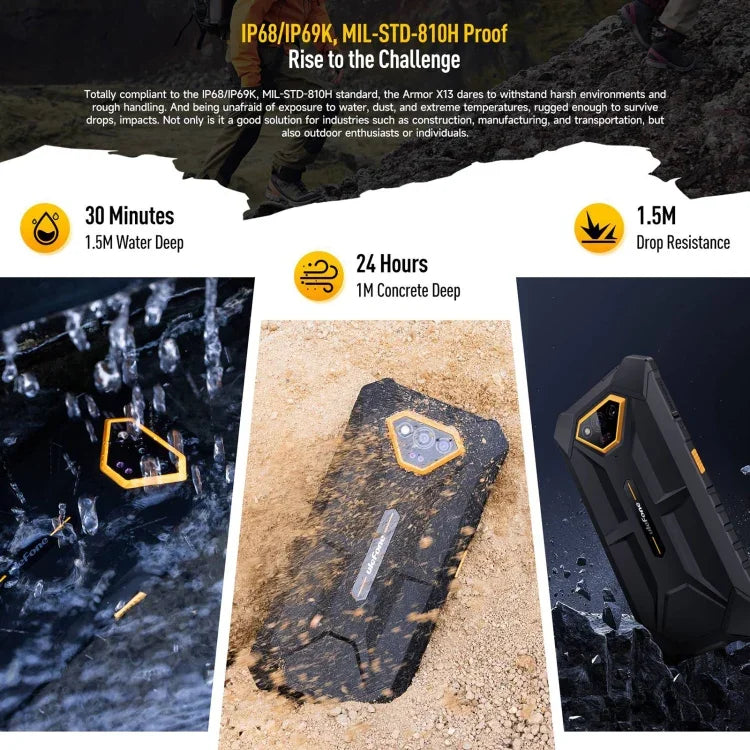 Ulefone Armor X13, téléphone robuste IP68/IP69K, écran 6,52 pouces, Android 15, processeur octa-core MediaTek Helio G36, réseau : 4G, NFC, OTG, 6 Go + 64 Go