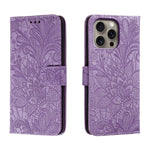 Étui de téléphone en cuir gaufré de fleur de dentelle, pour iPhone 17e / 16e, pour iPhone 17 Pro Max, pour iPhone 17 Pro, pour iPhone 17, pour iPhone Air, pour iPhone 16 Pro Max, pour iPhone 16 Pro, pour iPhone 16 Plus