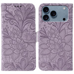 Étui de téléphone en cuir gaufré de fleur de dentelle, pour iPhone 17e / 16e, pour iPhone 17 Pro Max, pour iPhone 17 Pro, pour iPhone 17, pour iPhone Air, pour iPhone 16 Pro Max, pour iPhone 16 Pro, pour iPhone 16 Plus