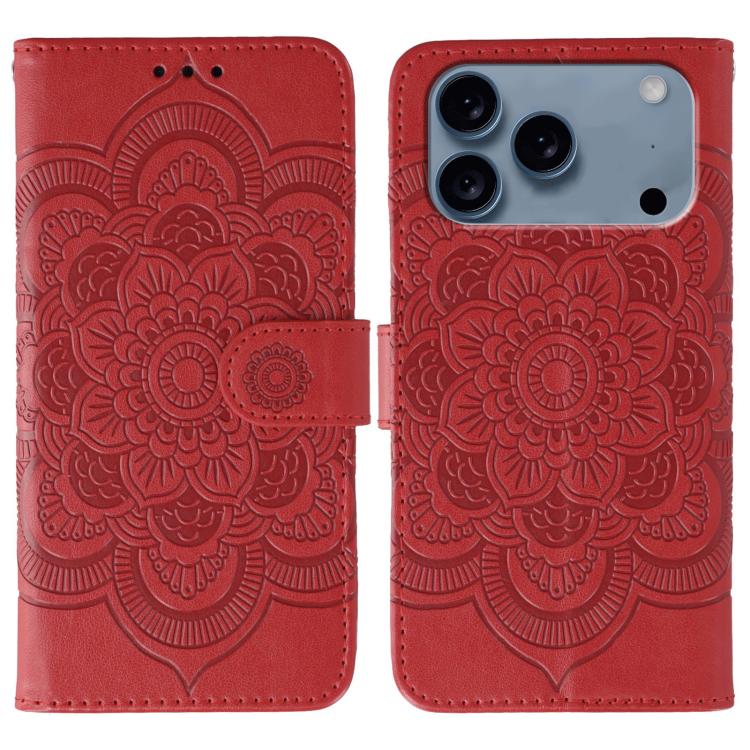 Étui de téléphone en cuir gaufré Mandala Soleil, Pour iPhone 16e / 17e, Pour iPhone 17 Pro Max, Pour iPhone 17 Pro, Pour iPhone 17, Pour iPhone Air, Pour iPhone 15 Pro Max