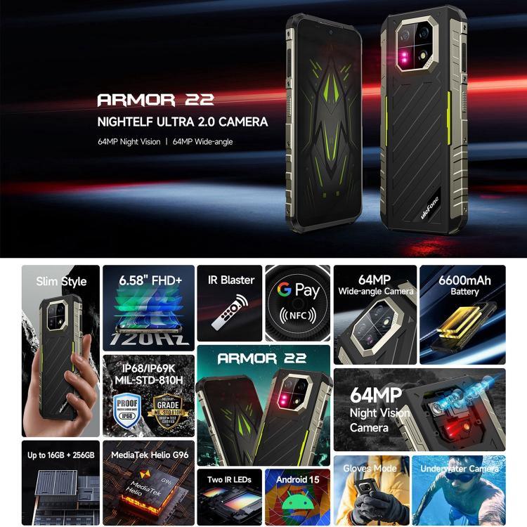 Ulefone Armor 22, téléphone robuste certifié IP68/IP69K, écran 6,58 pouces, Android 15, processeur octa-core MediaTek Helio G96, réseau : 4G, NFC, OTG, 8 Go + 128 Go ou 8 Go + 256 Go