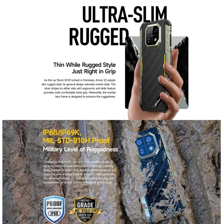 Ulefone Armor 22, téléphone robuste certifié IP68/IP69K, écran 6,58 pouces, Android 15, processeur octa-core MediaTek Helio G96, réseau : 4G, NFC, OTG, 8 Go + 128 Go ou 8 Go + 256 Go