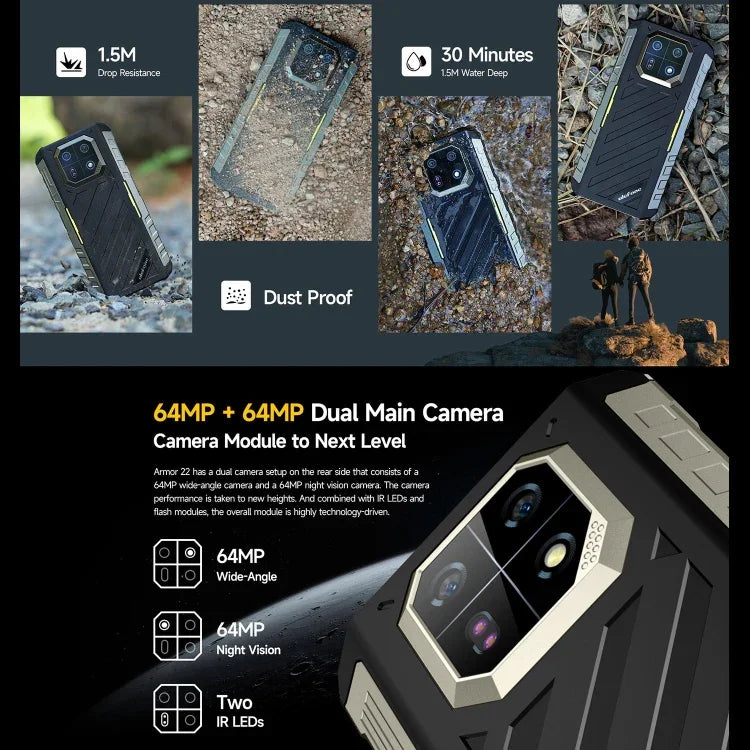 Ulefone Armor 22, téléphone robuste certifié IP68/IP69K, écran 6,58 pouces, Android 15, processeur octa-core MediaTek Helio G96, réseau : 4G, NFC, OTG, 8 Go + 128 Go ou 8 Go + 256 Go