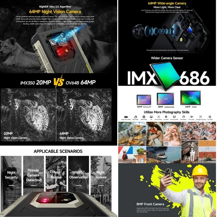 Ulefone Armor 22, téléphone robuste certifié IP68/IP69K, écran 6,58 pouces, Android 15, processeur octa-core MediaTek Helio G96, réseau : 4G, NFC, OTG, 8 Go + 128 Go ou 8 Go + 256 Go
