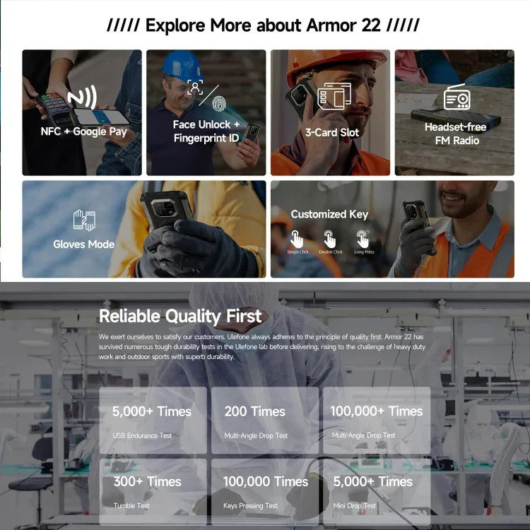 Ulefone Armor 22, téléphone robuste certifié IP68/IP69K, écran 6,58 pouces, Android 15, processeur octa-core MediaTek Helio G96, réseau : 4G, NFC, OTG, 8 Go + 128 Go ou 8 Go + 256 Go