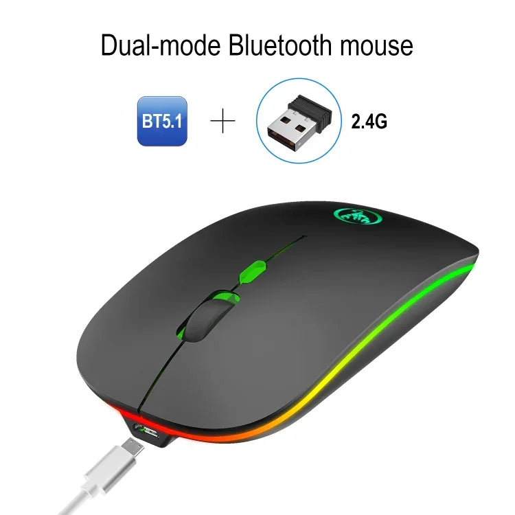 Souris sans fil lumineuse bimode HXSJ T18 2,4 GHz 1 600 dpi USB + Bluetooth 5.1 rechargeable