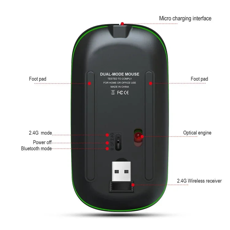 Souris sans fil lumineuse bimode HXSJ T18 2,4 GHz 1 600 dpi USB + Bluetooth 5.1 rechargeable