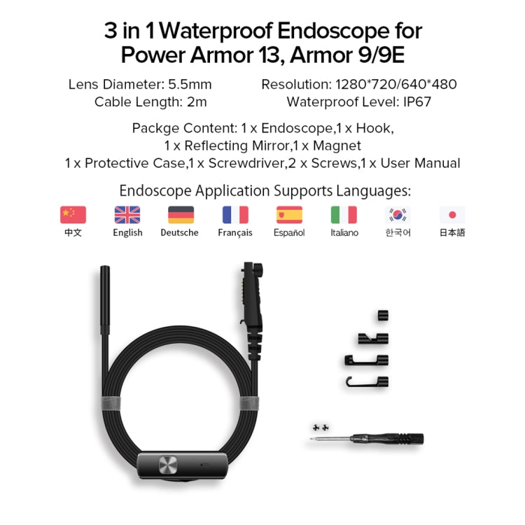 Endoscope Ulefone E1 étanche IP67 3 en 1 pour Ulefone Power Armor 21 / 19 / 18T / 16 Pro / 13 / Armor Pad, uSmart E1
