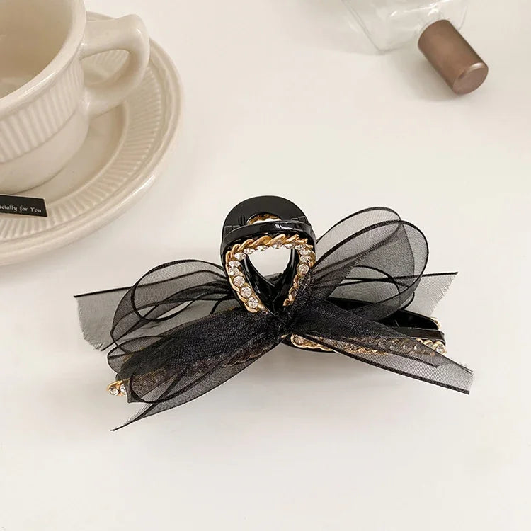 Pince à Cheveux Nœud Papillon Strass en Dentelle et Maille Style Français