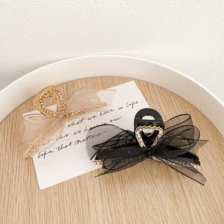 Pince à Cheveux Nœud Papillon Strass en Dentelle et Maille Style Français