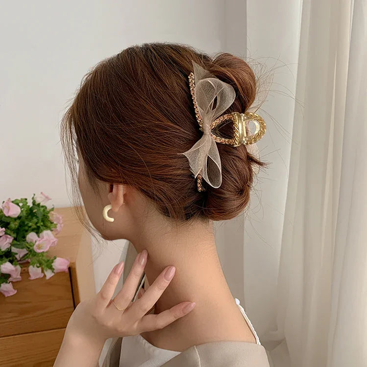 Pince à Cheveux Nœud Papillon Strass en Dentelle et Maille Style Français