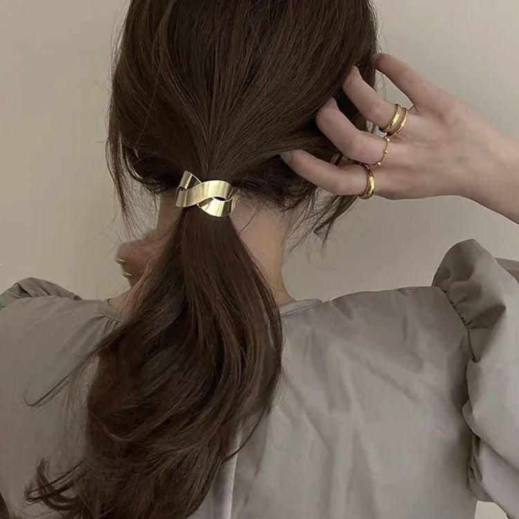 Corée Simple Femmes Haute Élastique Métal Brossé Cheveux Corde Bande de Caoutchouc Coiffure