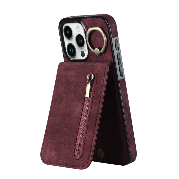 Étui de téléphone Rétro Anneau et Fermeture Éclair avec Fente pour Cartes RFID, Pour iPhone 16 Pro, Pour iPhone 16 Plus, Pour iPhone 16, Pour iPhone 15 Pro Max, Pour iPhone 15 Pro, Pour iPhone 15 Plus