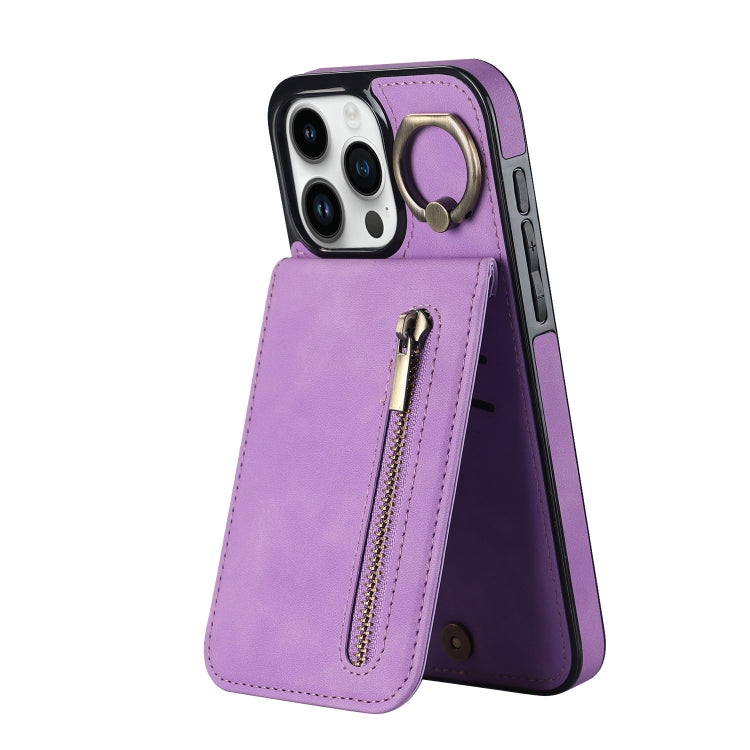 Étui de téléphone Rétro Anneau et Fermeture Éclair avec Fente pour Cartes RFID, Pour iPhone 16 Pro, Pour iPhone 16 Plus, Pour iPhone 16, Pour iPhone 15 Pro Max, Pour iPhone 15 Pro, Pour iPhone 15 Plus