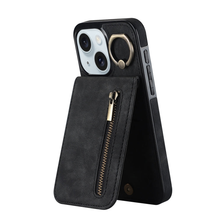 Étui de téléphone Rétro Anneau et Fermeture Éclair avec Fente pour Cartes RFID, Pour iPhone 16 Pro, Pour iPhone 16 Plus, Pour iPhone 16, Pour iPhone 15 Pro Max, Pour iPhone 15 Pro, Pour iPhone 15 Plus