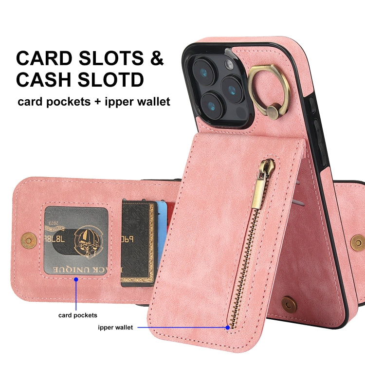 Étui de téléphone Rétro Anneau et Fermeture Éclair avec Fente pour Cartes RFID, Pour iPhone 16 Pro, Pour iPhone 16 Plus, Pour iPhone 16, Pour iPhone 15 Pro Max, Pour iPhone 15 Pro, Pour iPhone 15 Plus