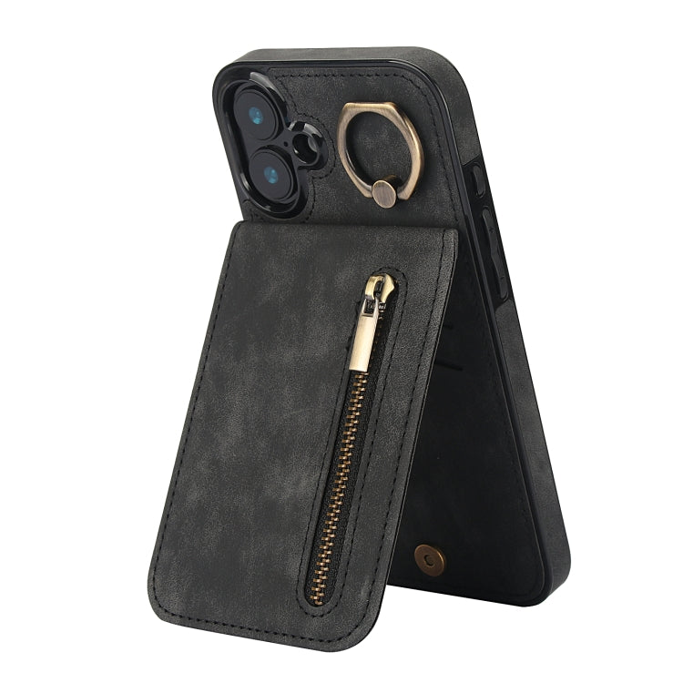 Étui de téléphone Rétro Anneau et Fermeture Éclair avec Fente pour Cartes RFID, Pour iPhone 16 Pro, Pour iPhone 16 Plus, Pour iPhone 16, Pour iPhone 15 Pro Max, Pour iPhone 15 Pro, Pour iPhone 15 Plus