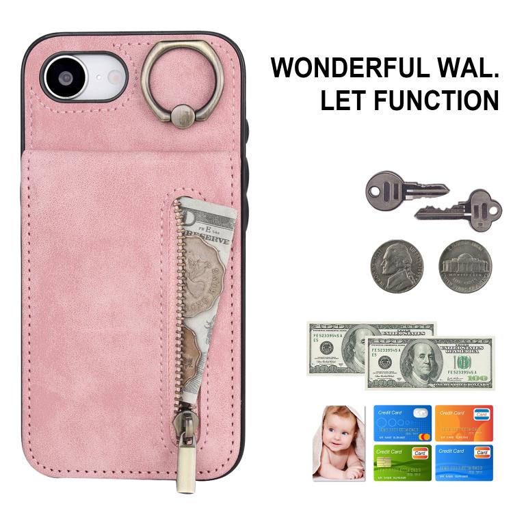 Étui de téléphone Rétro avec Anneau et Fermeture Éclair et Emplacement pour Cartes RFID, Pour iPhone 17e / 16e, Pour iPhone 17 Pro Max, Pour iPhone 17 Pro, Pour iPhone 17, Pour iPhone Air, Pour iPhone 16 Pro Max