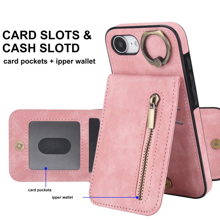 Étui de téléphone Rétro avec Anneau et Fermeture Éclair et Emplacement pour Cartes RFID, Pour iPhone 17e / 16e, Pour iPhone 17 Pro Max, Pour iPhone 17 Pro, Pour iPhone 17, Pour iPhone Air, Pour iPhone 16 Pro Max