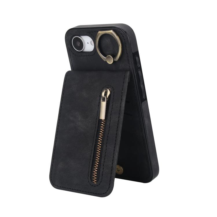 Étui de téléphone Rétro avec Anneau et Fermeture Éclair et Emplacement pour Cartes RFID, Pour iPhone 17e / 16e, Pour iPhone 17 Pro Max, Pour iPhone 17 Pro, Pour iPhone 17, Pour iPhone Air, Pour iPhone 16 Pro Max