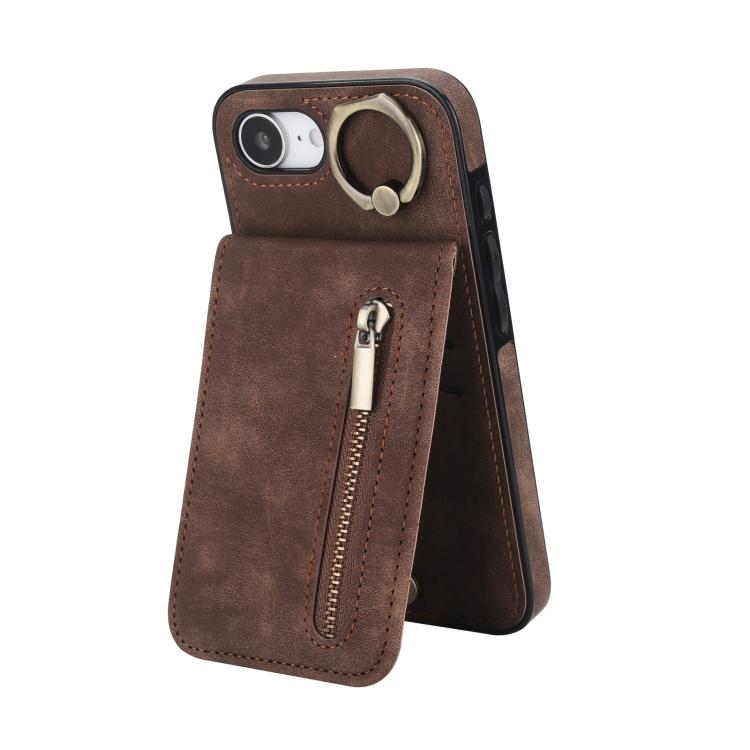 Étui de téléphone Rétro avec Anneau et Fermeture Éclair et Emplacement pour Cartes RFID, Pour iPhone 17e / 16e, Pour iPhone 17 Pro Max, Pour iPhone 17 Pro, Pour iPhone 17, Pour iPhone Air, Pour iPhone 16 Pro Max