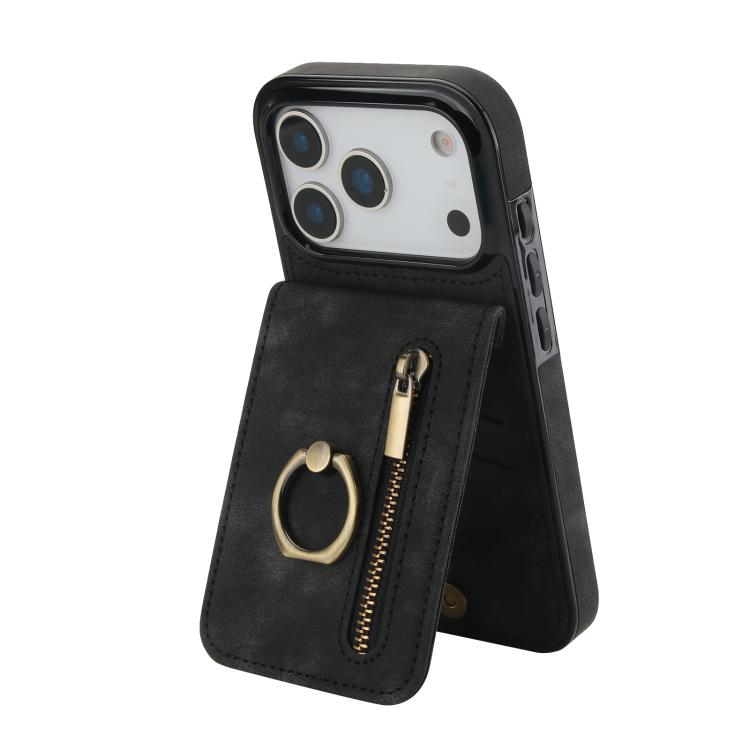 Étui de téléphone Rétro avec Anneau et Fermeture Éclair et Emplacement pour Cartes RFID, Pour iPhone 17e / 16e, Pour iPhone 17 Pro Max, Pour iPhone 17 Pro, Pour iPhone 17, Pour iPhone Air, Pour iPhone 16 Pro Max