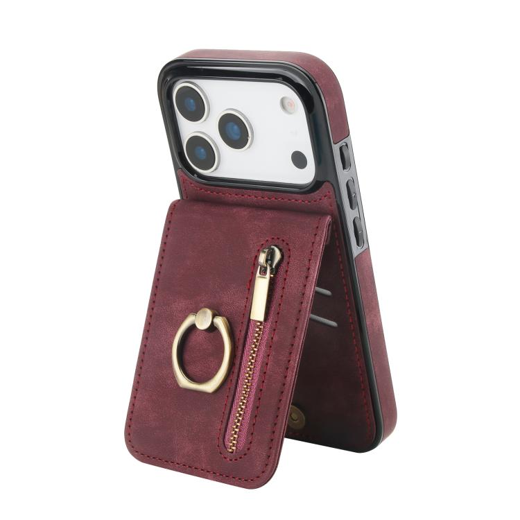 Étui de téléphone Rétro avec Anneau et Fermeture Éclair et Emplacement pour Cartes RFID, Pour iPhone 17e / 16e, Pour iPhone 17 Pro Max, Pour iPhone 17 Pro, Pour iPhone 17, Pour iPhone Air, Pour iPhone 16 Pro Max