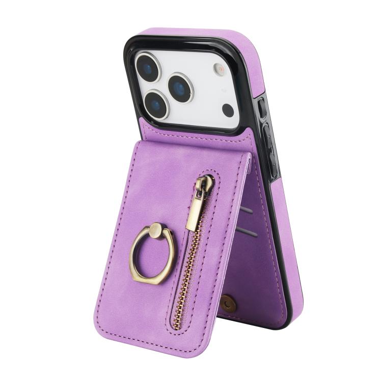 Étui de téléphone Rétro avec Anneau et Fermeture Éclair et Emplacement pour Cartes RFID, Pour iPhone 17e / 16e, Pour iPhone 17 Pro Max, Pour iPhone 17 Pro, Pour iPhone 17, Pour iPhone Air, Pour iPhone 16 Pro Max