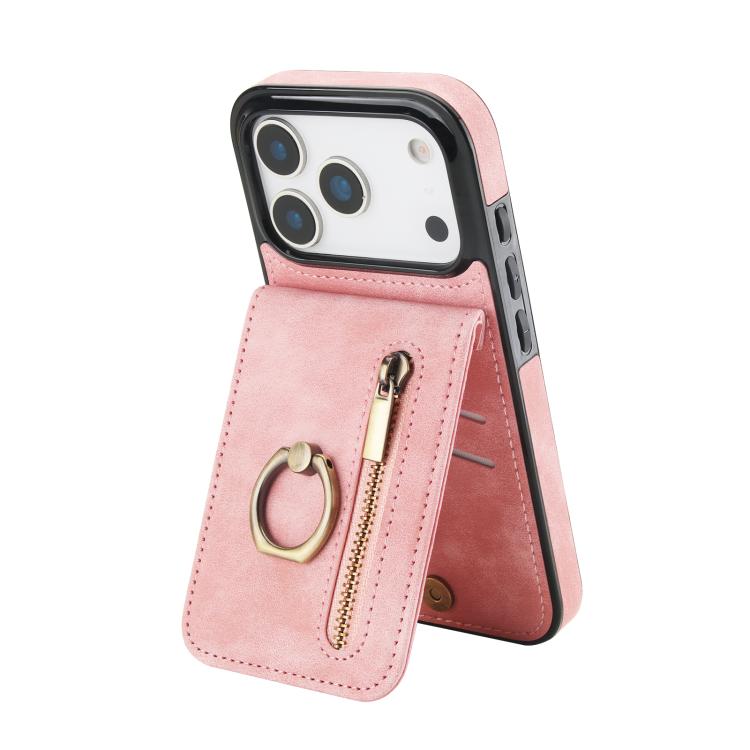 Étui de téléphone Rétro avec Anneau et Fermeture Éclair et Emplacement pour Cartes RFID, Pour iPhone 17e / 16e, Pour iPhone 17 Pro Max, Pour iPhone 17 Pro, Pour iPhone 17, Pour iPhone Air, Pour iPhone 16 Pro Max