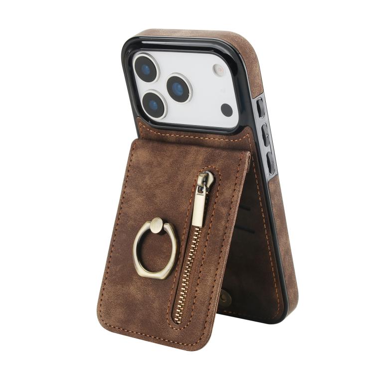 Étui de téléphone Rétro avec Anneau et Fermeture Éclair et Emplacement pour Cartes RFID, Pour iPhone 17e / 16e, Pour iPhone 17 Pro Max, Pour iPhone 17 Pro, Pour iPhone 17, Pour iPhone Air, Pour iPhone 16 Pro Max