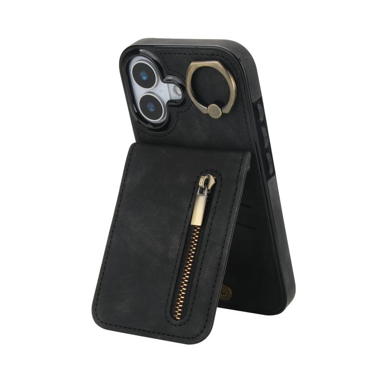 Étui de téléphone Rétro avec Anneau et Fermeture Éclair et Emplacement pour Cartes RFID, Pour iPhone 17e / 16e, Pour iPhone 17 Pro Max, Pour iPhone 17 Pro, Pour iPhone 17, Pour iPhone Air, Pour iPhone 16 Pro Max