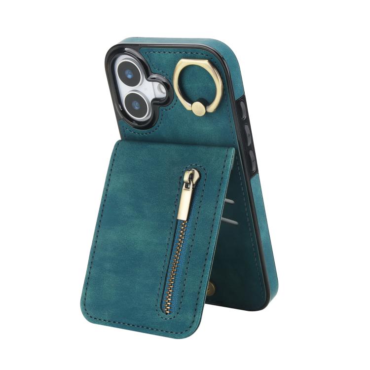 Étui de téléphone Rétro avec Anneau et Fermeture Éclair et Emplacement pour Cartes RFID, Pour iPhone 17e / 16e, Pour iPhone 17 Pro Max, Pour iPhone 17 Pro, Pour iPhone 17, Pour iPhone Air, Pour iPhone 16 Pro Max