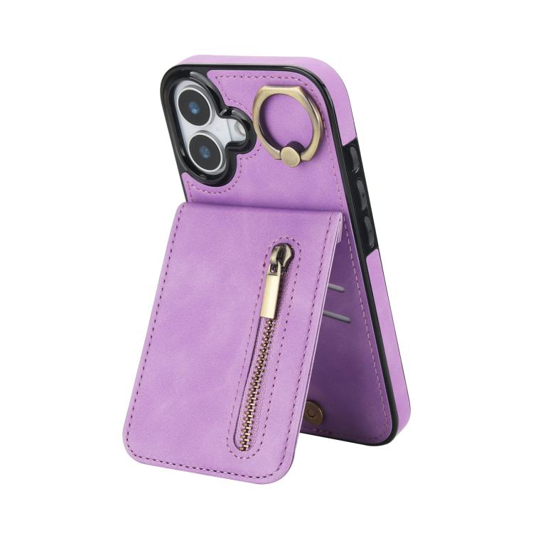 Étui de téléphone Rétro avec Anneau et Fermeture Éclair et Emplacement pour Cartes RFID, Pour iPhone 17e / 16e, Pour iPhone 17 Pro Max, Pour iPhone 17 Pro, Pour iPhone 17, Pour iPhone Air, Pour iPhone 16 Pro Max