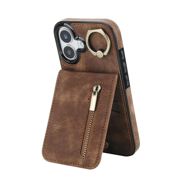 Étui de téléphone Rétro avec Anneau et Fermeture Éclair et Emplacement pour Cartes RFID, Pour iPhone 17e / 16e, Pour iPhone 17 Pro Max, Pour iPhone 17 Pro, Pour iPhone 17, Pour iPhone Air, Pour iPhone 16 Pro Max