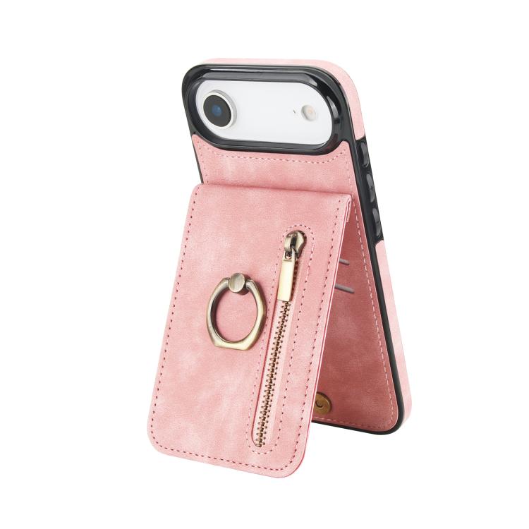 Étui de téléphone Rétro avec Anneau et Fermeture Éclair et Emplacement pour Cartes RFID, Pour iPhone 17e / 16e, Pour iPhone 17 Pro Max, Pour iPhone 17 Pro, Pour iPhone 17, Pour iPhone Air, Pour iPhone 16 Pro Max