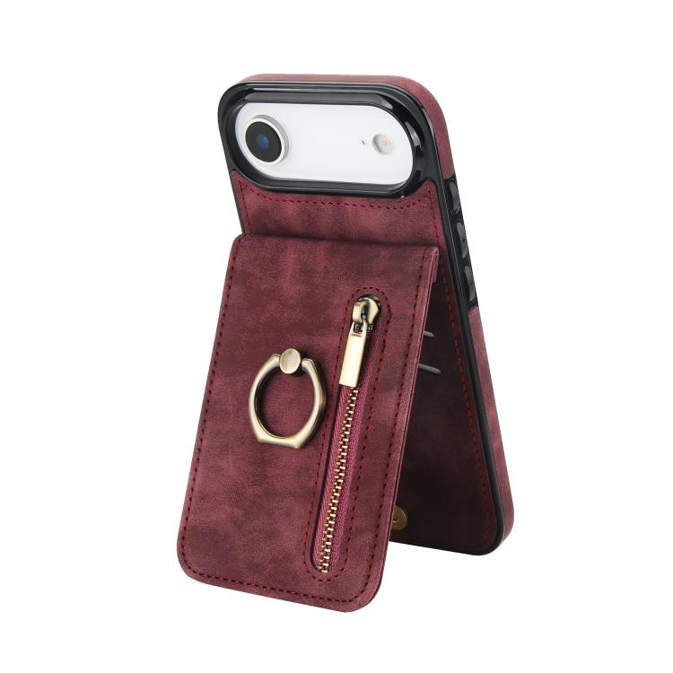 Étui de téléphone Rétro avec Anneau et Fermeture Éclair et Emplacement pour Cartes RFID, Pour iPhone 17e / 16e, Pour iPhone 17 Pro Max, Pour iPhone 17 Pro, Pour iPhone 17, Pour iPhone Air, Pour iPhone 16 Pro Max