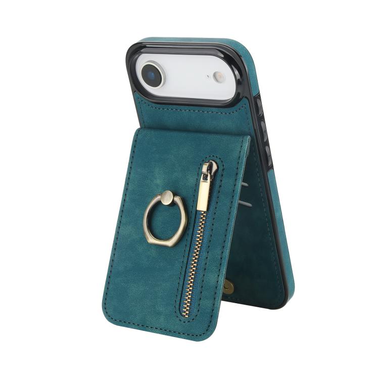 Étui de téléphone Rétro avec Anneau et Fermeture Éclair et Emplacement pour Cartes RFID, Pour iPhone 17e / 16e, Pour iPhone 17 Pro Max, Pour iPhone 17 Pro, Pour iPhone 17, Pour iPhone Air, Pour iPhone 16 Pro Max