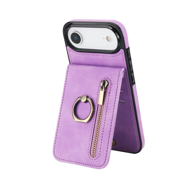 Étui de téléphone Rétro avec Anneau et Fermeture Éclair et Emplacement pour Cartes RFID, Pour iPhone 17e / 16e, Pour iPhone 17 Pro Max, Pour iPhone 17 Pro, Pour iPhone 17, Pour iPhone Air, Pour iPhone 16 Pro Max
