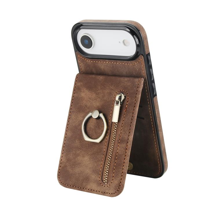 Étui de téléphone Rétro avec Anneau et Fermeture Éclair et Emplacement pour Cartes RFID, Pour iPhone 17e / 16e, Pour iPhone 17 Pro Max, Pour iPhone 17 Pro, Pour iPhone 17, Pour iPhone Air, Pour iPhone 16 Pro Max