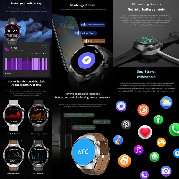 Bracelet connecté G4, montre connectée de 1,53 pouce, compatible avec les appels Bluetooth, le NFC et la fréquence cardiaque