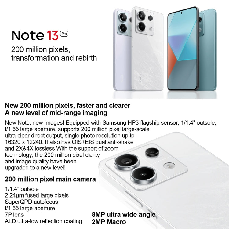 Xiaomi Redmi Note 13 Pro 5G, 6,67 pouces MIUI 14 Snapdragon 7s Gen 2 Octa Core 4nm jusqu'à 2,4 GHz, NFC, Réseau : 5G, 16 Go+512 Go