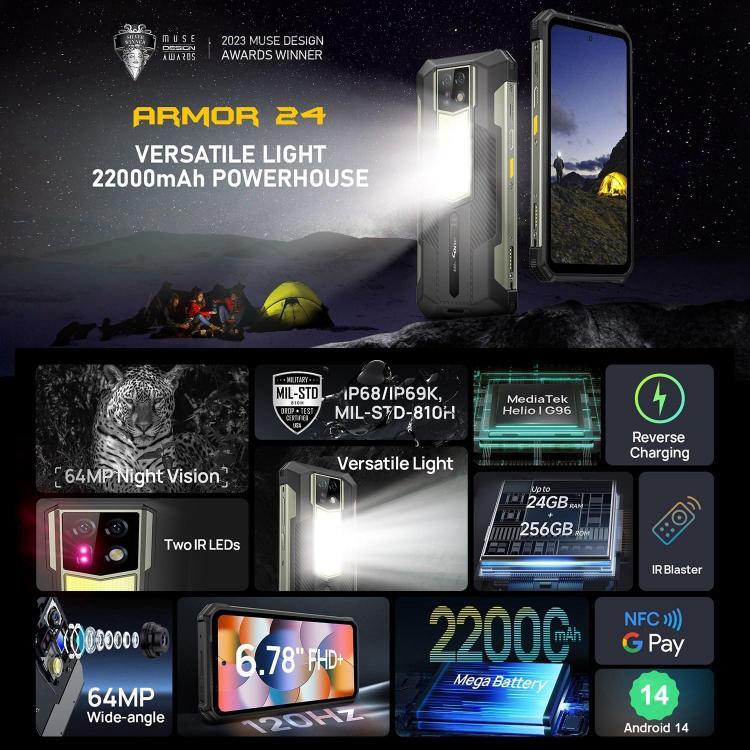 Ulefone Armor 24, téléphone robuste, lecteur d'empreintes digitales latéral, batterie 22 000 mAh, écran 6,78 pouces, Android 14, processeur MediaTek Helio G96 octa-core, réseau : 4G, NFC, Armor 24