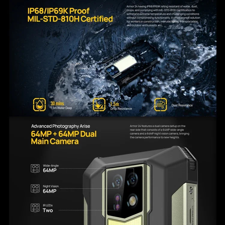 Ulefone Armor 24, téléphone robuste, lecteur d'empreintes digitales latéral, batterie 22 000 mAh, écran 6,78 pouces, Android 14, processeur MediaTek Helio G96 octa-core, réseau : 4G, NFC, Armor 24