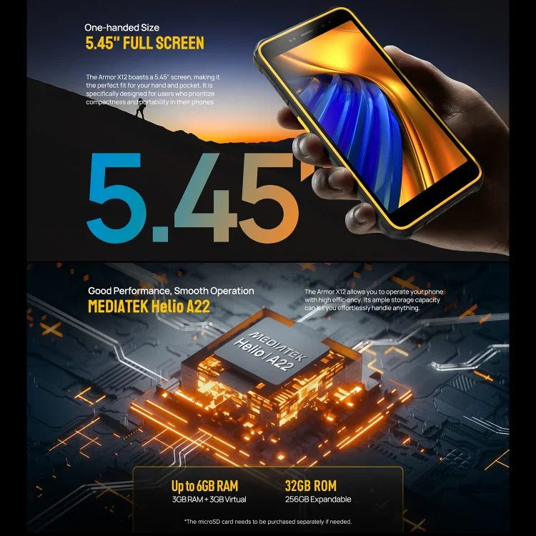 Ulefone Armor X12, téléphone robuste, déverrouillage facial, écran 5,45 pouces, Android 13 Go, processeur quadricœur MediaTek Helio A22, réseau : 4G, NFC, 3 Go de RAM + 32 Go de stockage