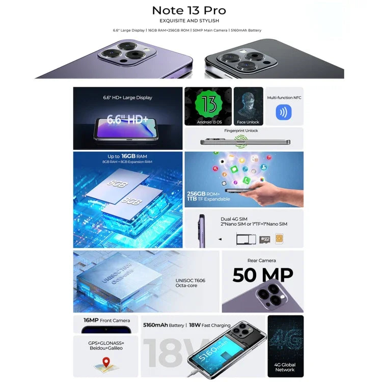 HOTWAV Note 13 Pro, lecteur d'empreintes digitales latéral, écran 6,6 pouces, Android 13, processeur octa-core UMS9230 T606 jusqu'à 1,6 GHz, réseau : 4G, OTG, 8 Go + 256 Go