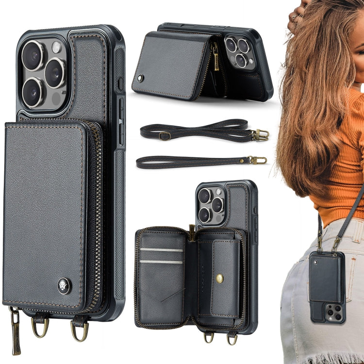 Étui portefeuille en cuir avec fermeture éclair série C22 JEEHOOD avec double lanière, Pour iPhone 17 Pro Max, Pour iPhone 17 Pro, Pour iPhone Air, Pour iPhone 16 Pro Max, Pour iPhone 16 Pro, Pour iPhone 16 Plus, Pour iPhone 16, Pour iPhone 15 Pro Max