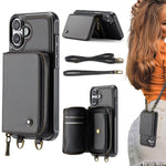 Étui portefeuille en cuir avec fermeture éclair série C22 JEEHOOD avec double lanière, Pour iPhone 17 Pro Max, Pour iPhone 17 Pro, Pour iPhone Air, Pour iPhone 16 Pro Max, Pour iPhone 16 Pro, Pour iPhone 16 Plus, Pour iPhone 16, Pour iPhone 15 Pro Max
