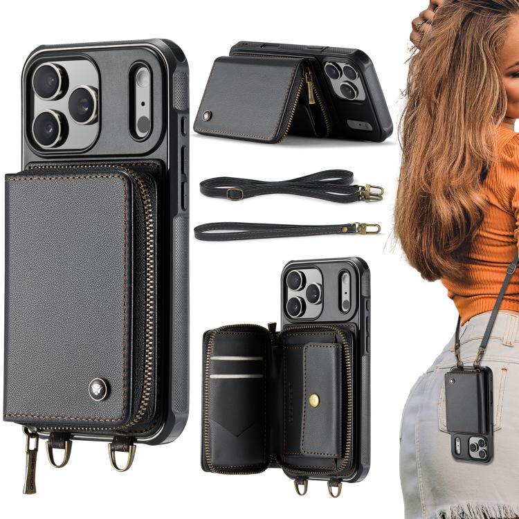 Étui portefeuille en cuir avec fermeture éclair série C22 JEEHOOD avec double lanière, Pour iPhone 17 Pro Max, Pour iPhone 17 Pro, Pour iPhone Air, Pour iPhone 16 Pro Max, Pour iPhone 16 Pro, Pour iPhone 16 Plus, Pour iPhone 16, Pour iPhone 15 Pro Max